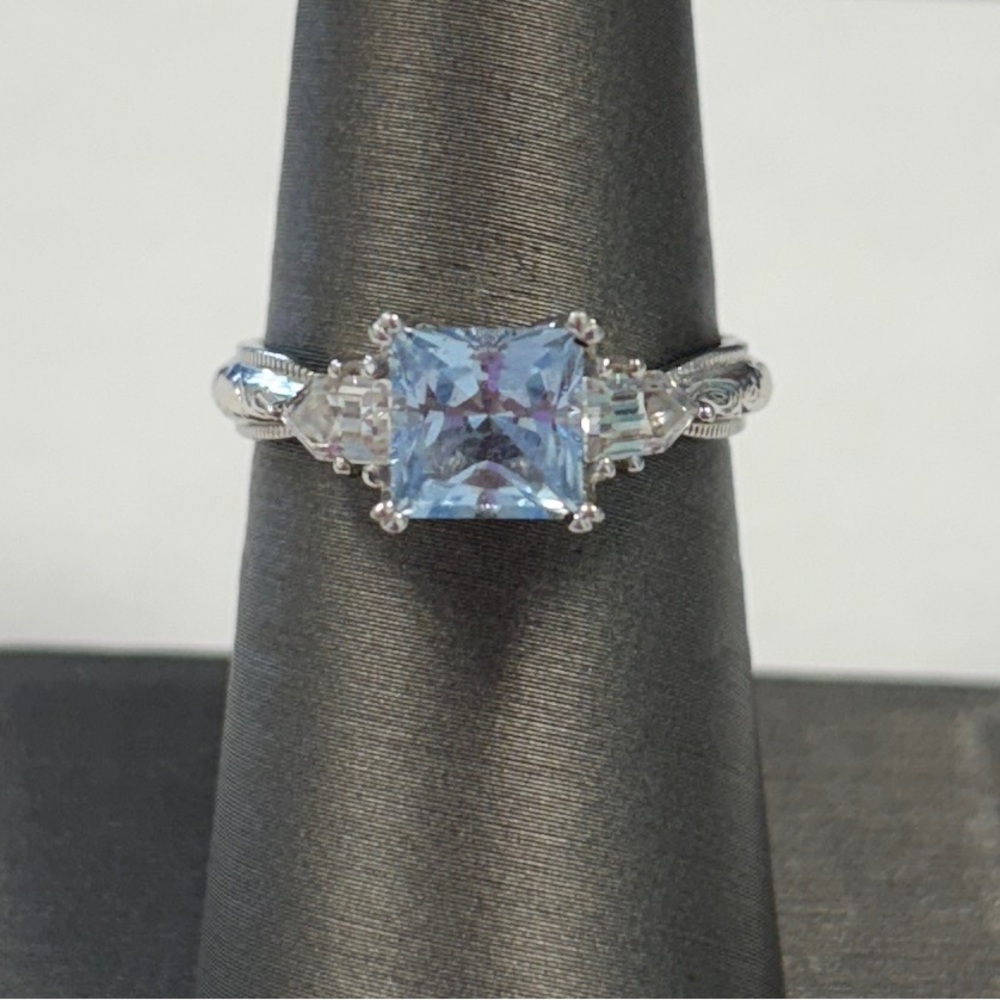 Tacori Princess Cut CZ Blue 925 Sterling Silver Miligrain Band Size 7 Ring